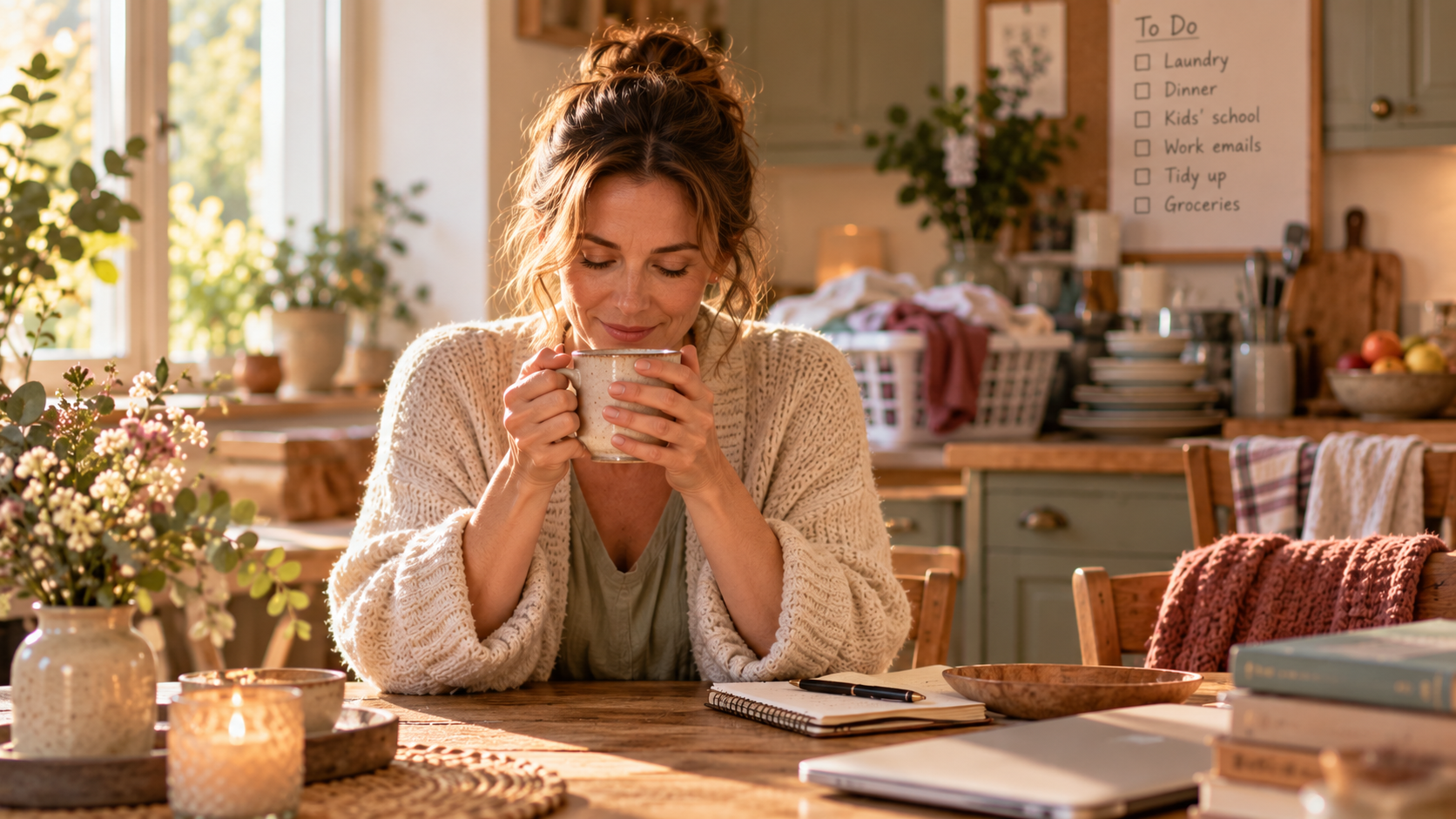 Woman peacefully enjoying a cup of tea while household chores and an unfinished to-do list wait in the background.